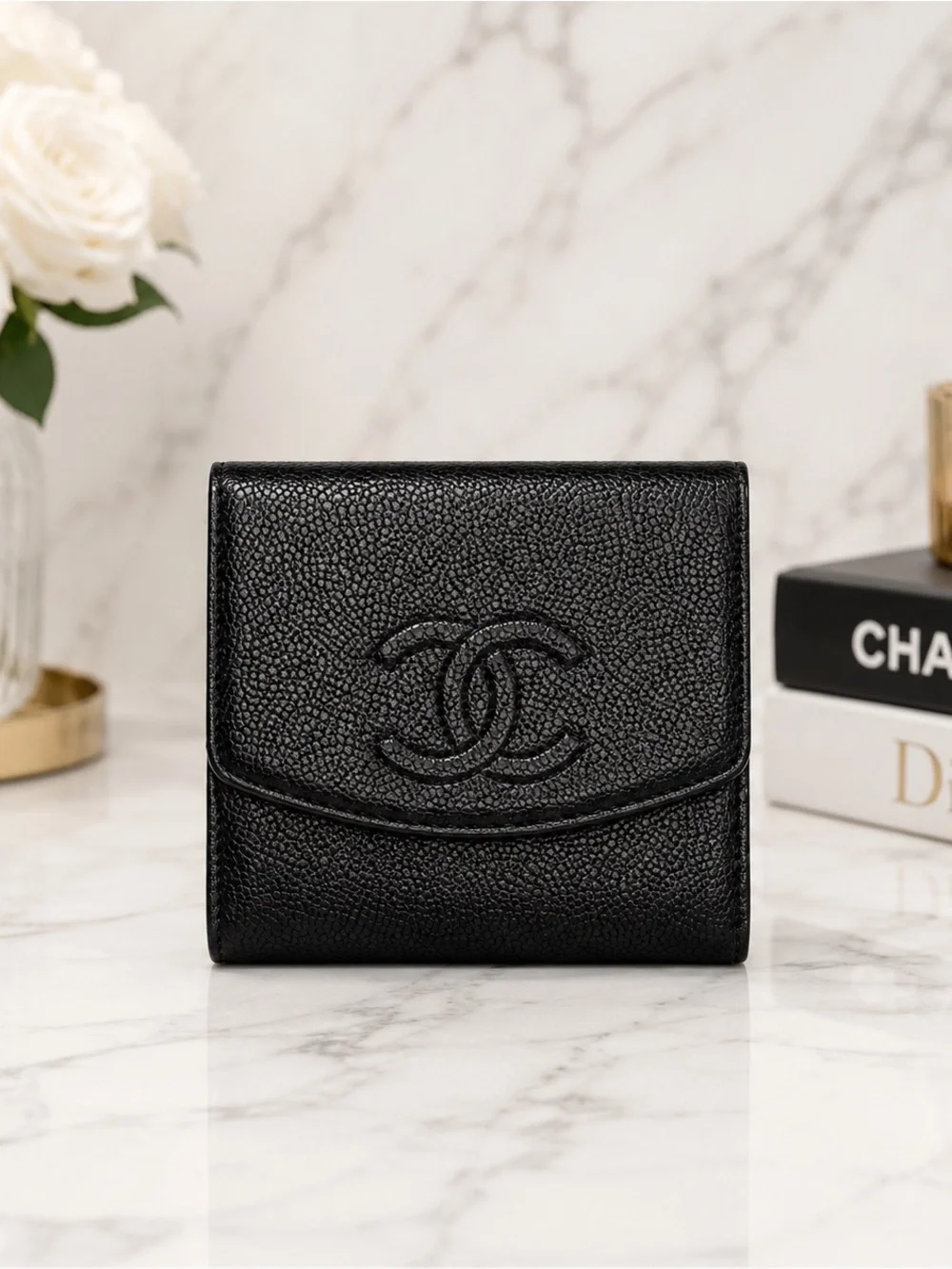 CHANEL Cambon Ligne Black Caviar Leather Snap Bifold Wallet With Dust Bag
